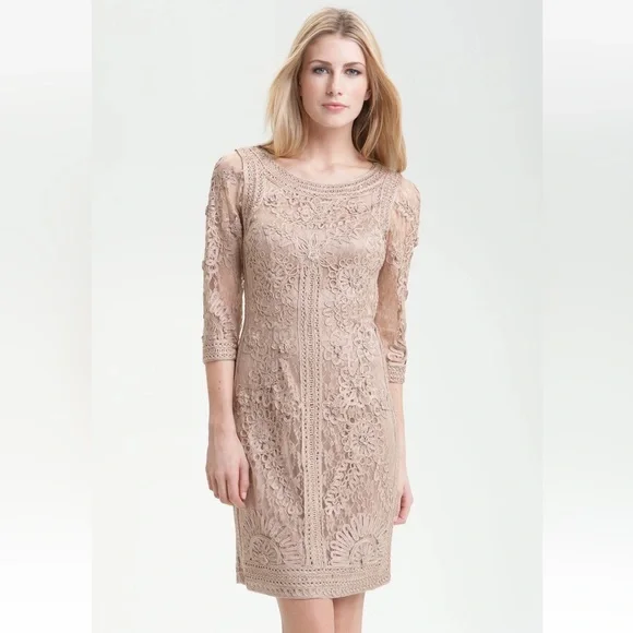 Sue Wong Nocturne Crochet Lace ribbon and rosette mesh sheath Beige dress size 2